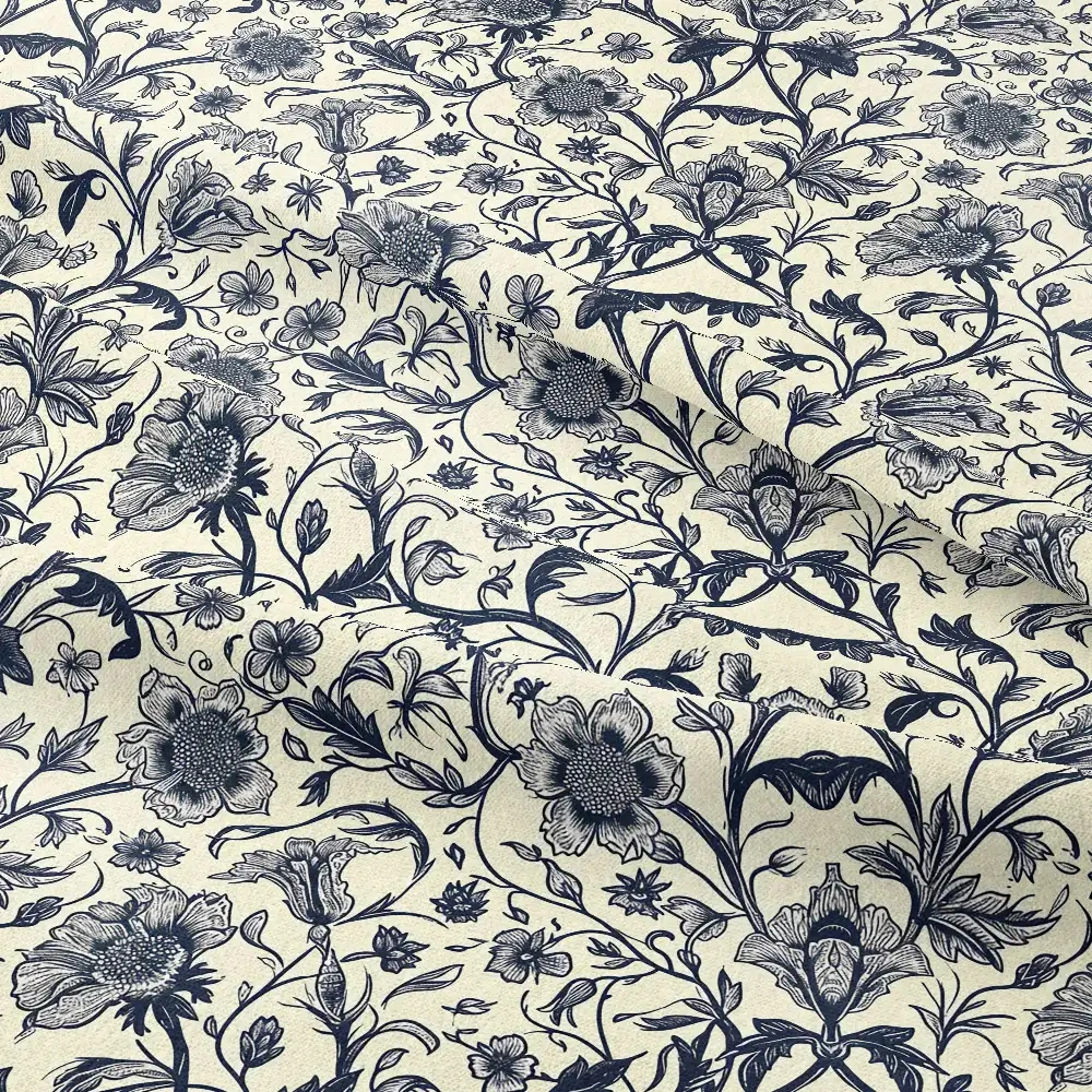 William Morris-Inspired Abstract Vintage Monochrome Flowers and Leaves Pattern Fabric – Custom Print Fabrics