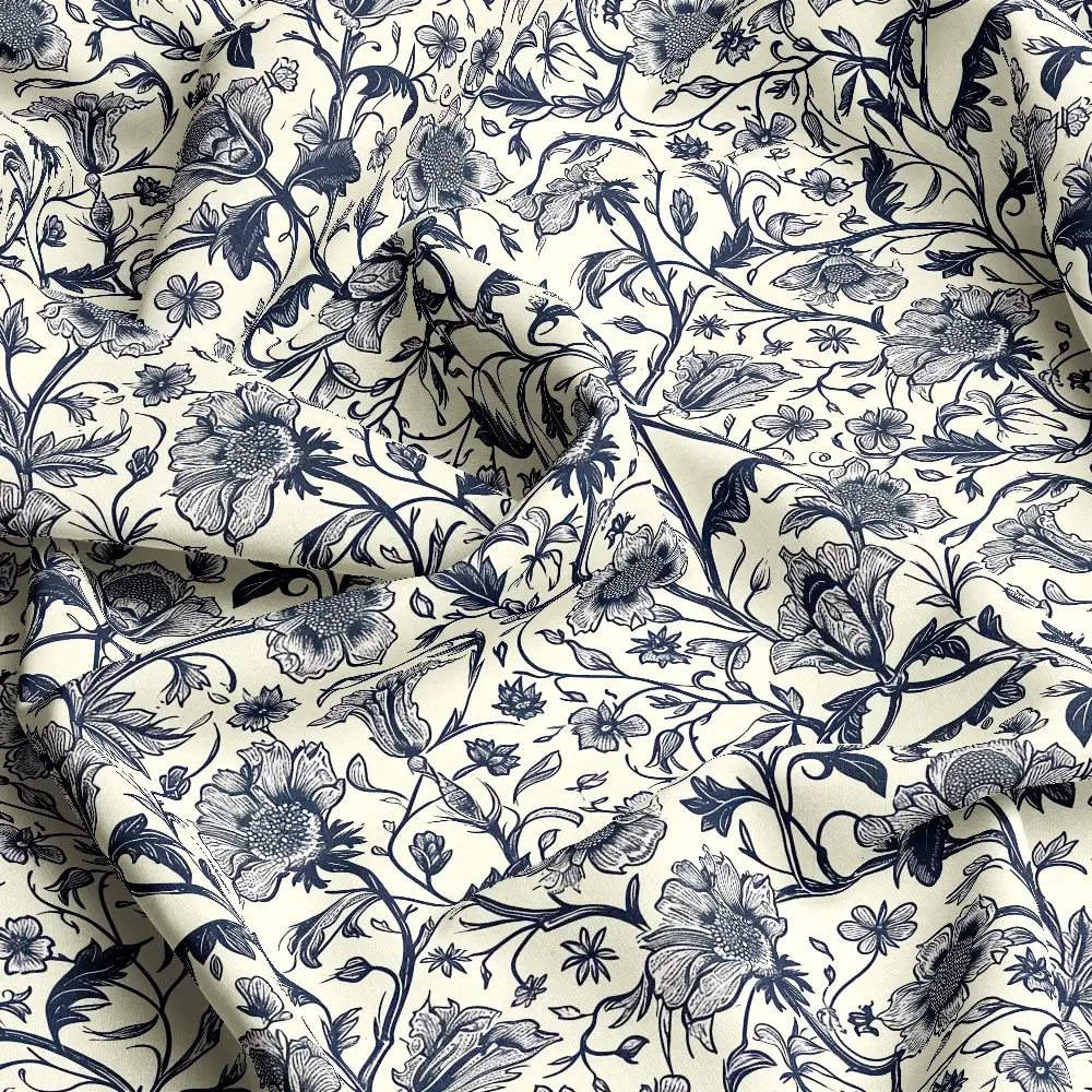 William Morris-Inspired Abstract Vintage Monochrome Flowers and Leaves Pattern Fabric – Custom Print Fabrics