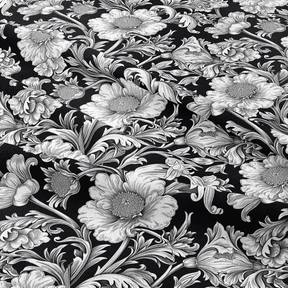 William Morris-Inspired Luxurious Black and White Floral Pattern Fabric – Custom Print Fabrics