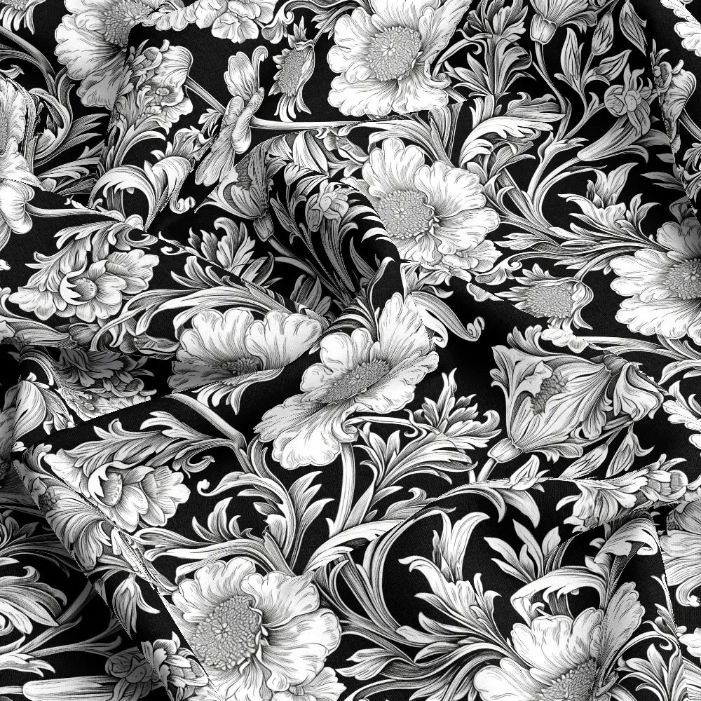 William Morris-Inspired Luxurious Black and White Floral Pattern Fabric – Custom Print Fabrics