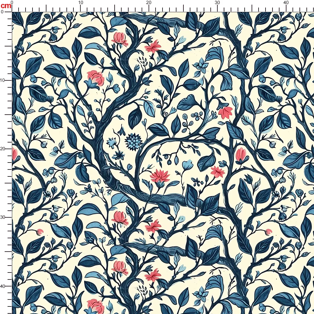 William Morris-Inspired Curved Tree Branch with Fantastic Liberty Flower and Leaves – Custom Print Fabrics