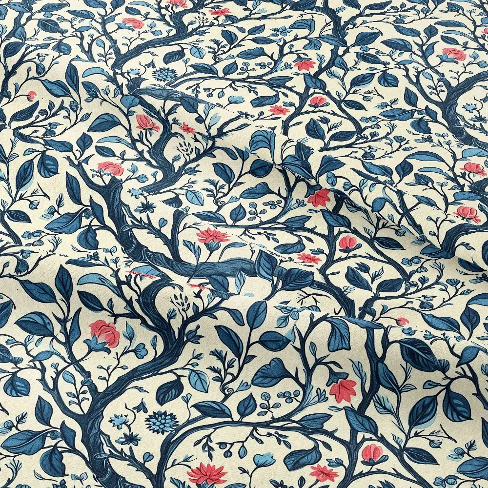 William Morris-Inspired Curved Tree Branch with Fantastic Liberty Flower and Leaves – Custom Print Fabrics