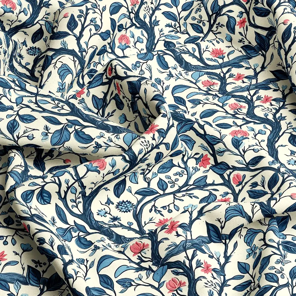 William Morris-Inspired Curved Tree Branch with Fantastic Liberty Flower and Leaves – Custom Print Fabrics