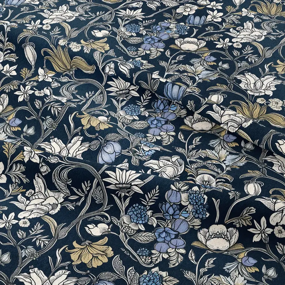 William Morris-Inspired Vintage Floral Fabric with Pale Yellow and Purple Flowers – Custom Print Fabrics