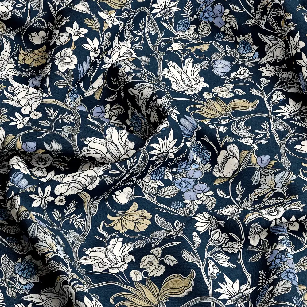 William Morris-Inspired Vintage Floral Fabric with Pale Yellow and Purple Flowers – Custom Print Fabrics
