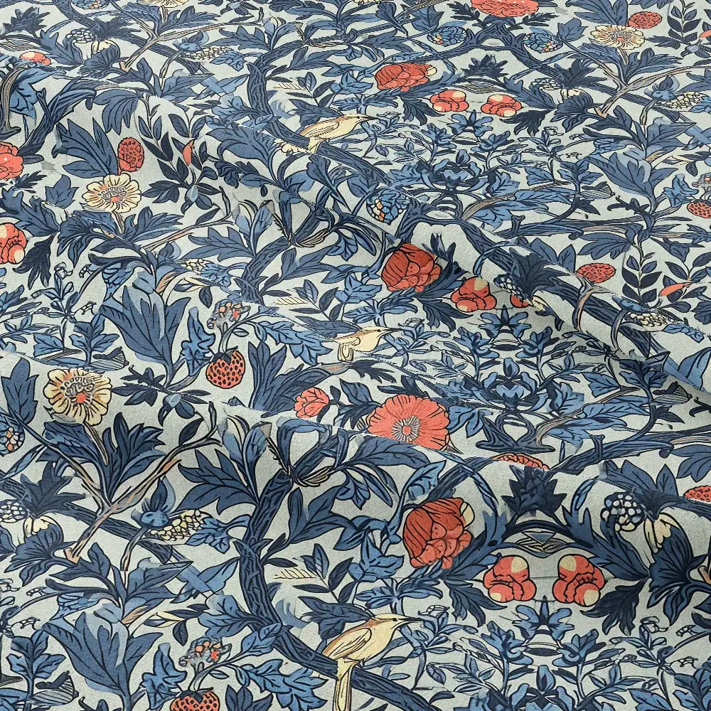 William Morris-Inspired Flourishing Tree with Blooming Flowers and Birds Fabric – Custom Print Fabrics