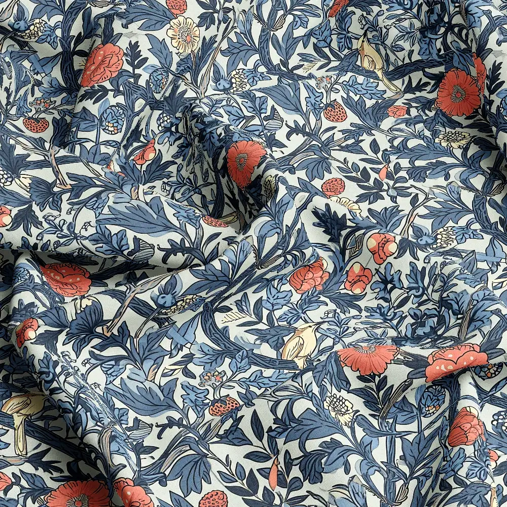 William Morris-Inspired Flourishing Tree with Blooming Flowers and Birds Fabric – Custom Print Fabrics
