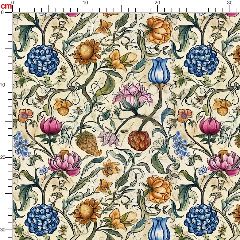 William Morris-Inspired Colorful and Vibrant Flowers and Leaves Pattern Fabric – Custom Print Fabrics
