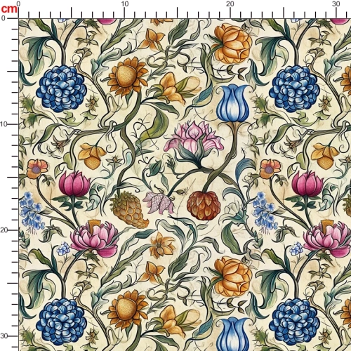 William Morris-Inspired Colorful and Vibrant Flowers and Leaves Pattern Fabric – Custom Print Fabrics
