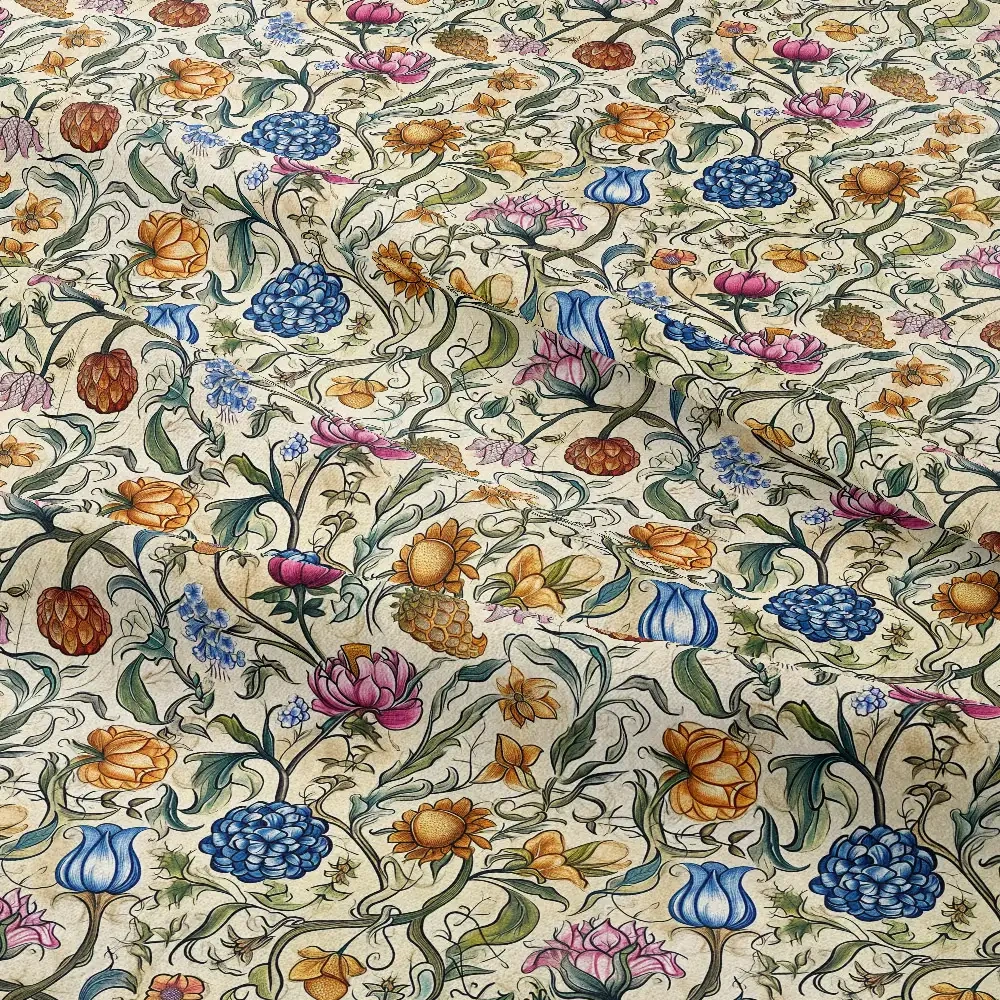 William Morris-Inspired Colorful and Vibrant Flowers and Leaves Pattern Fabric – Custom Print Fabrics