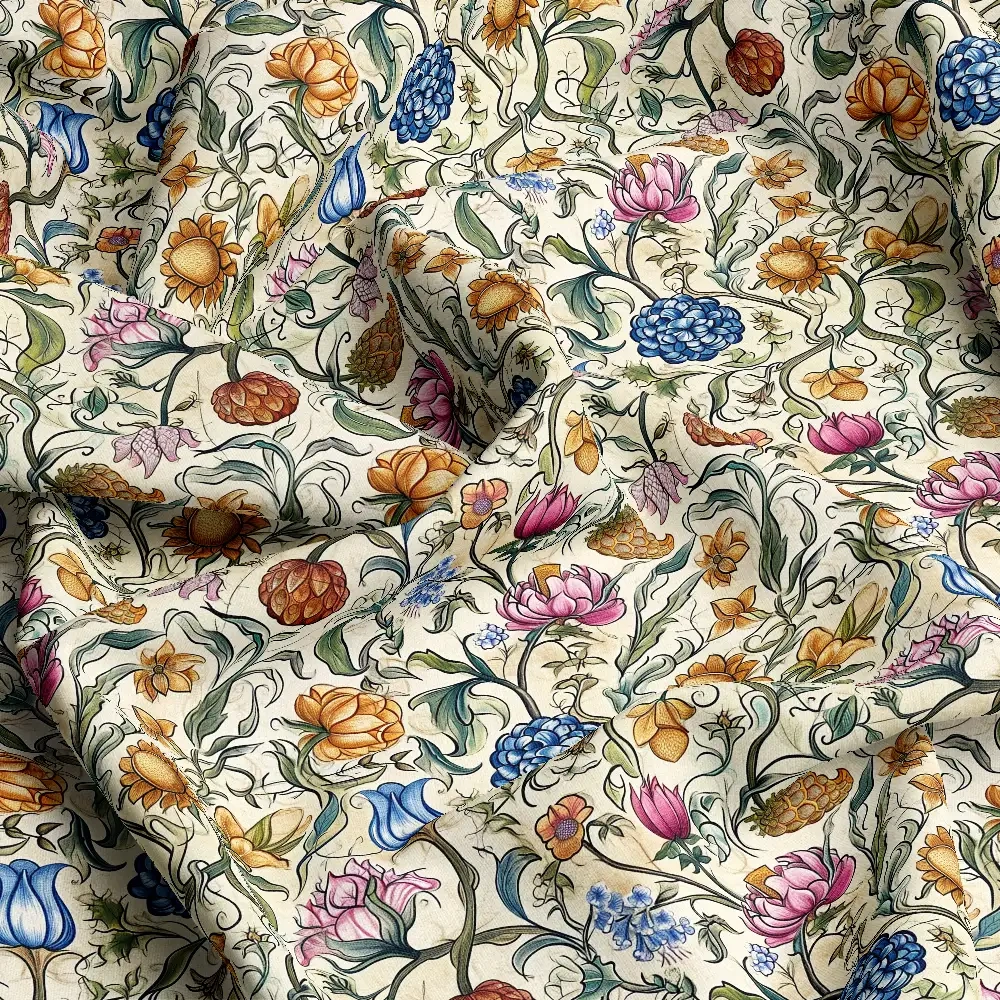 William Morris-Inspired Colorful and Vibrant Flowers and Leaves Pattern Fabric – Custom Print Fabrics