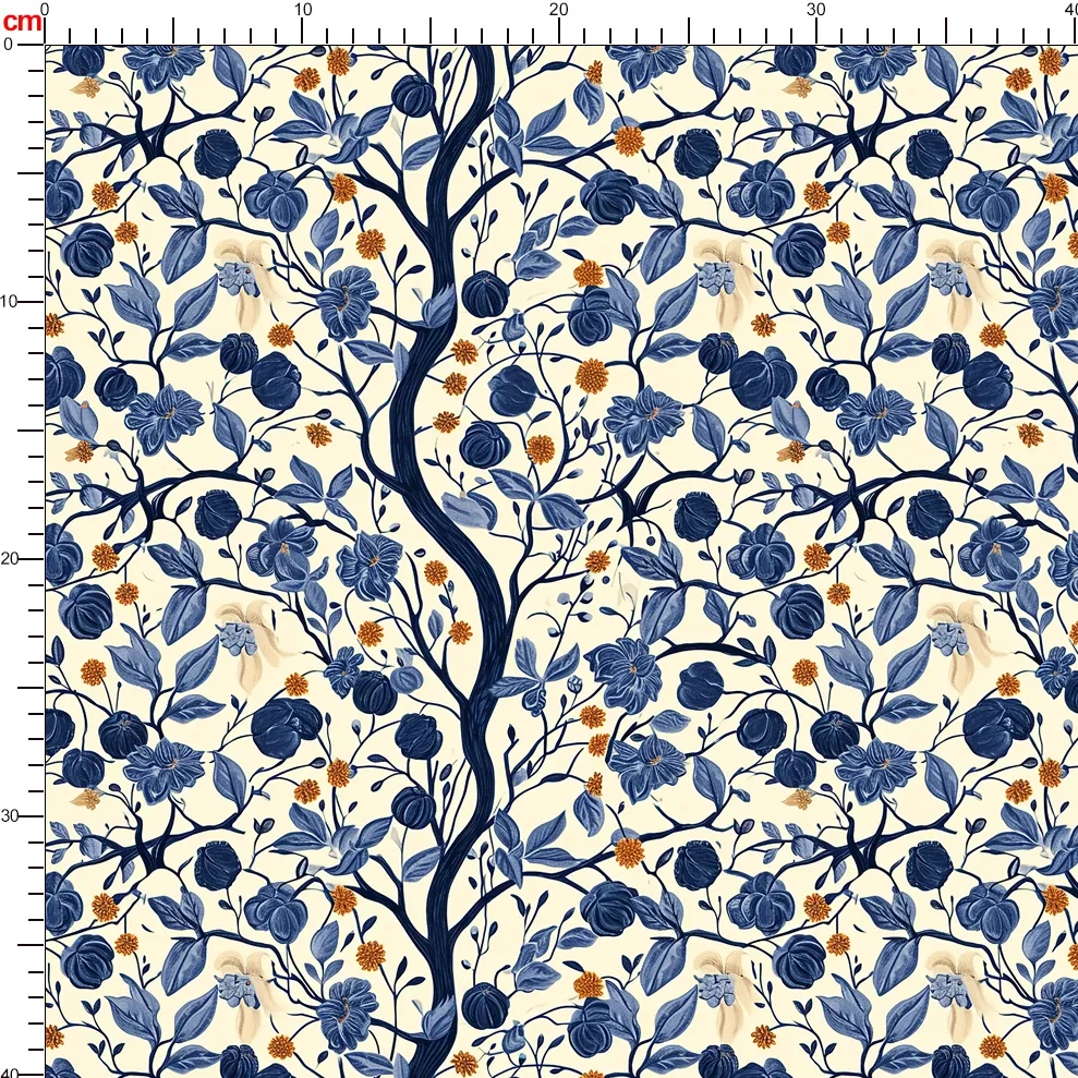 William Morris-Inspired Curved Tree Branch with Fantastic Liberty Flower and Leaves – Custom Print Fabrics