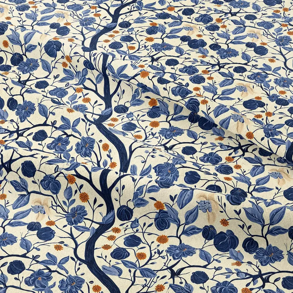 William Morris-Inspired Curved Tree Branch with Fantastic Liberty Flower and Leaves – Custom Print Fabrics