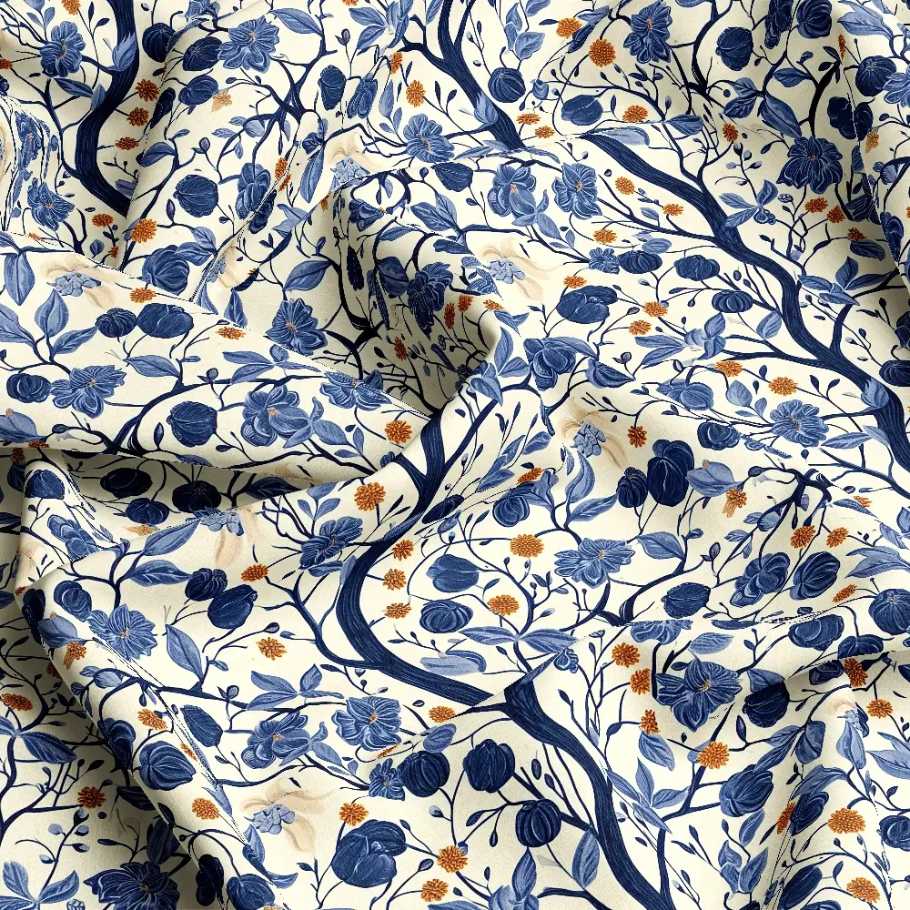 William Morris-Inspired Curved Tree Branch with Fantastic Liberty Flower and Leaves – Custom Print Fabrics