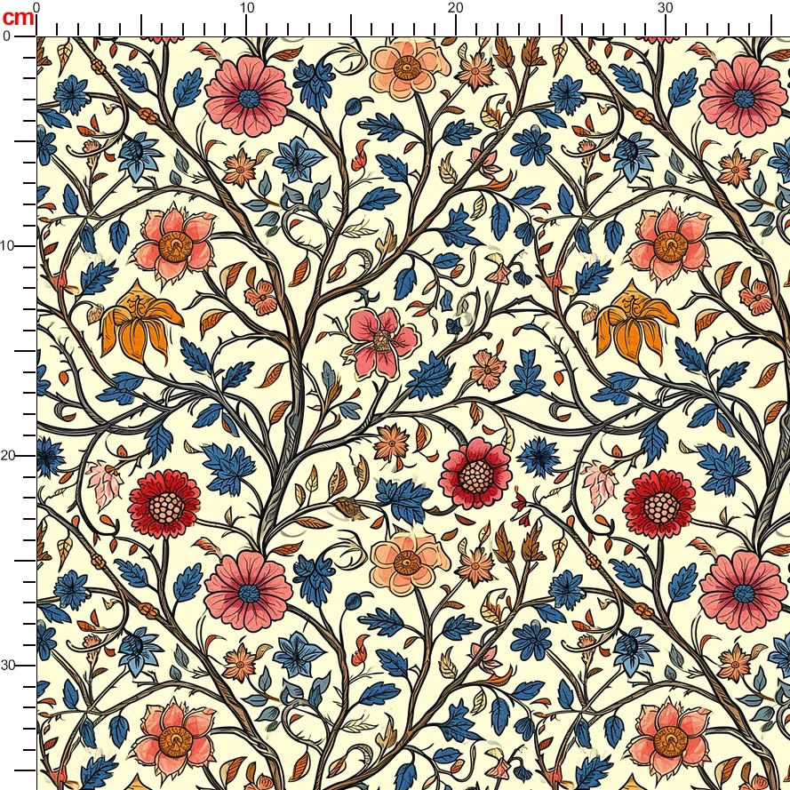 William Morris-Inspired Vibrant Liberty Floral with Colorful Blossoms and Blue Leaves Fabric – Custom Print Fabrics