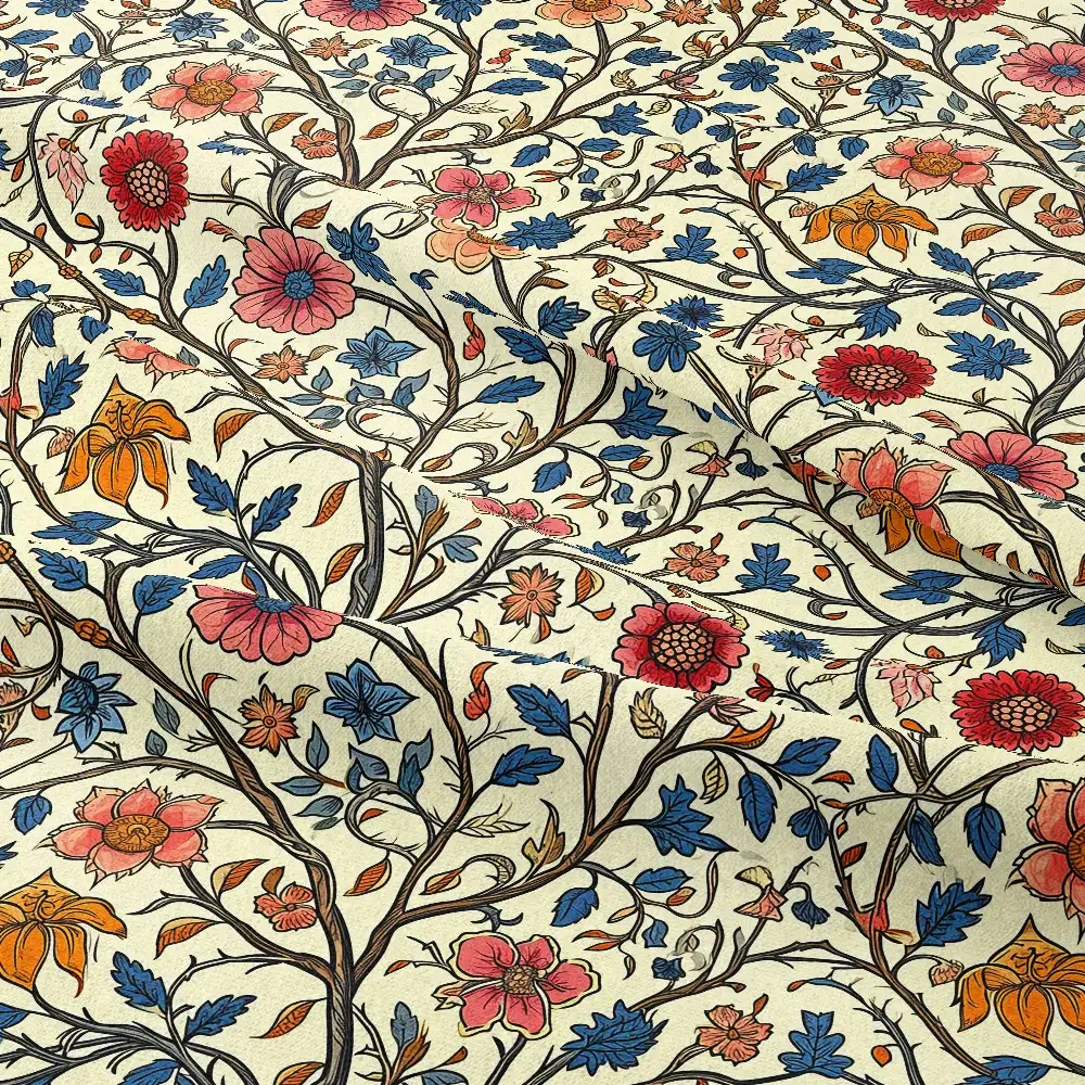 William Morris-Inspired Vibrant Liberty Floral with Colorful Blossoms and Blue Leaves Fabric – Custom Print Fabrics