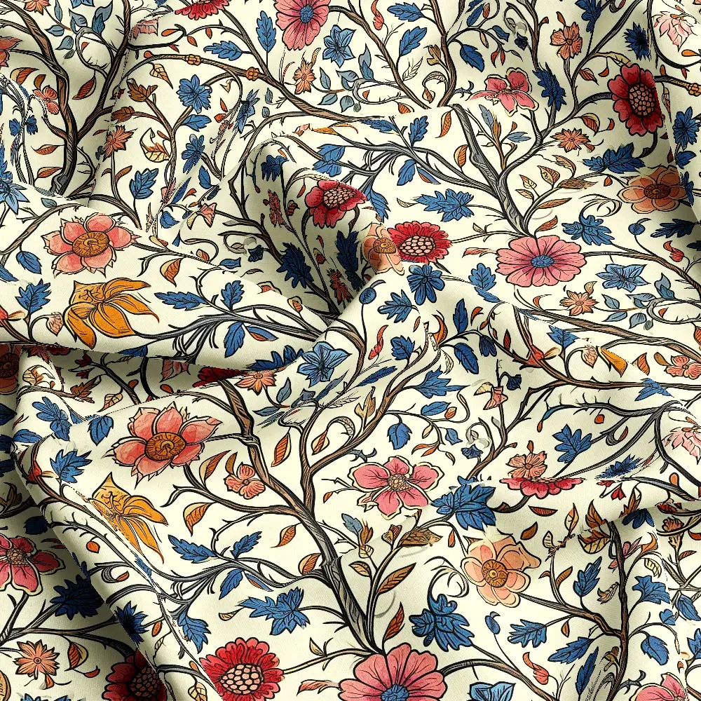 William Morris-Inspired Vibrant Liberty Floral with Colorful Blossoms and Blue Leaves Fabric – Custom Print Fabrics