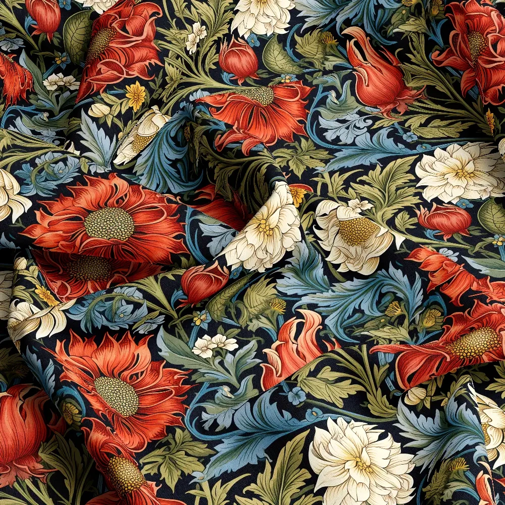 William Morris Liberty Floral with Vibrant Blossoming Flowers and Flowing Greenery Fabric – Custom Print Fabrics
