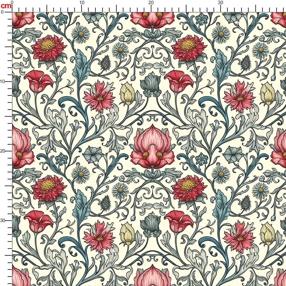 William Morris-Inspired Red Floral and Leaves Pattern Fabric – Custom Print Fabrics