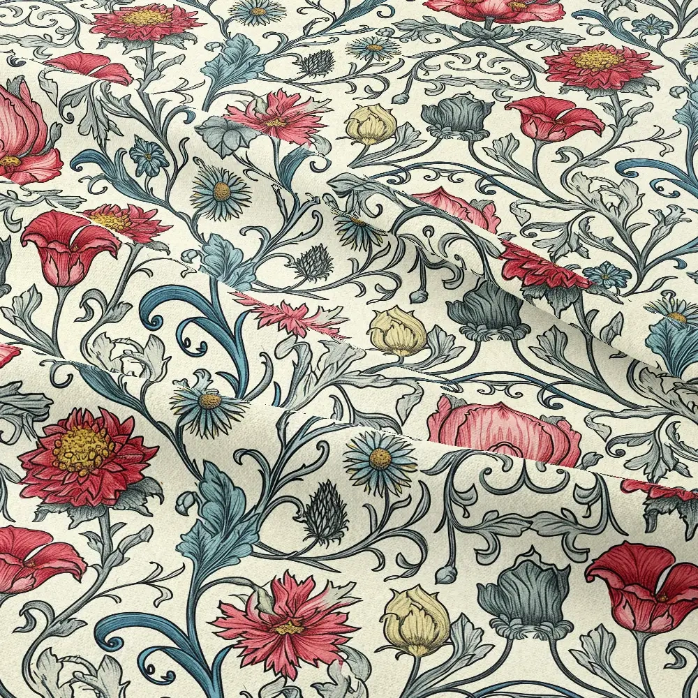 William Morris-Inspired Red Floral and Leaves Pattern Fabric – Custom Print Fabrics