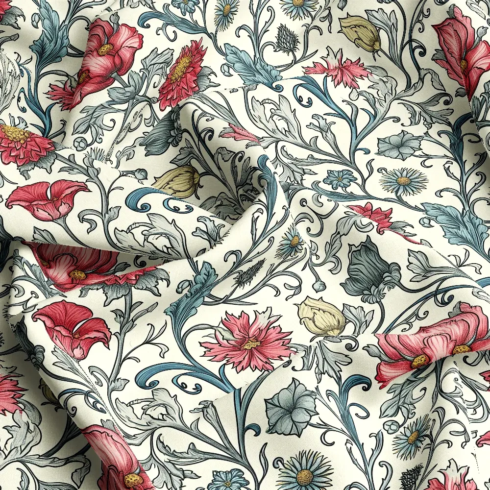William Morris-Inspired Red Floral and Leaves Pattern Fabric – Custom Print Fabrics