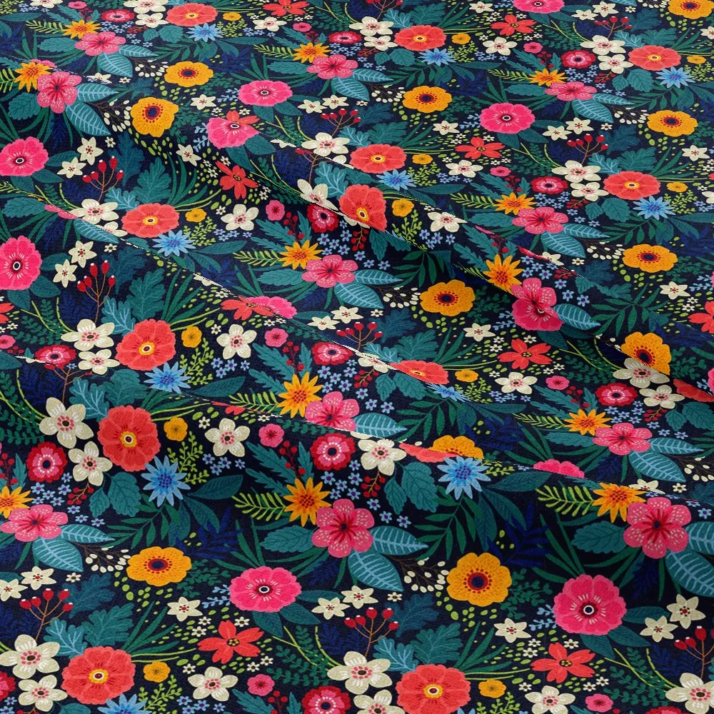Vintage Liberty Floral Fabric with Dark Warm-Toned Small Flowers and Green Leaves – Custom Print Fabrics