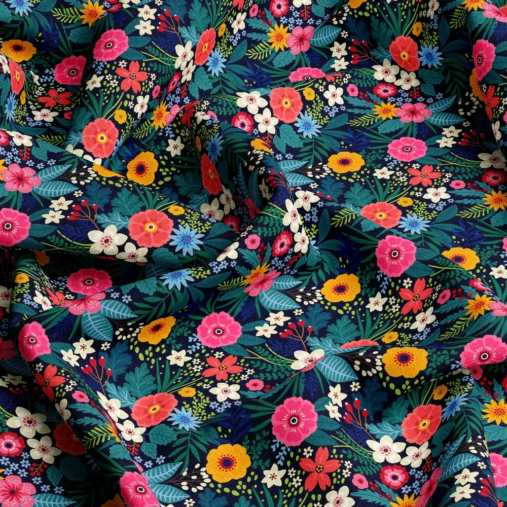 Vintage Liberty Floral Fabric with Dark Warm-Toned Small Flowers and Green Leaves – Custom Print Fabrics