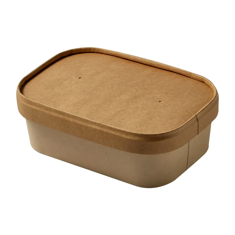 white brown rectangle paper bowl with lid