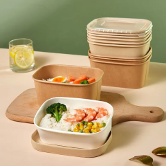 white brown rectangle paper bowl with lid