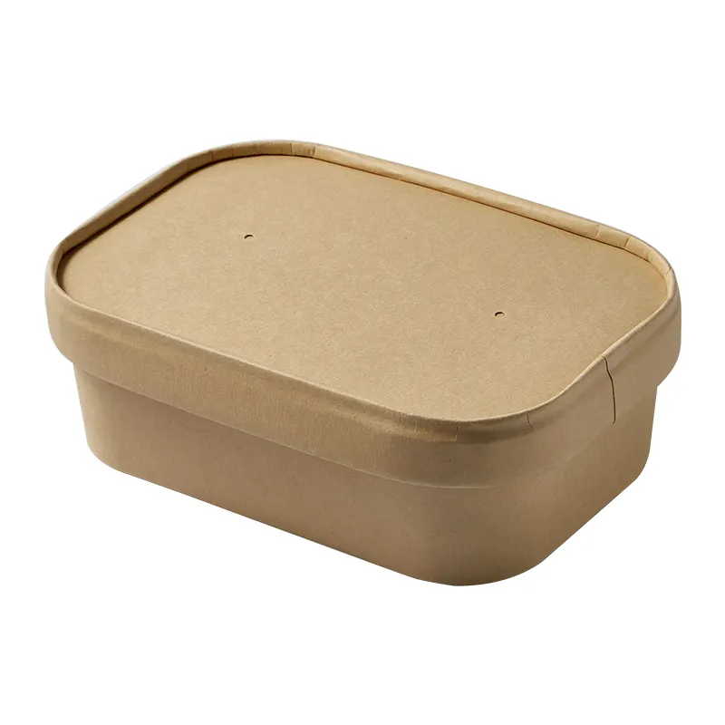 white brown rectangle paper bowl with lid