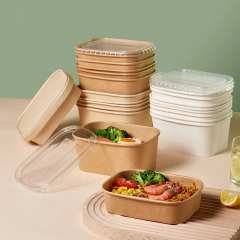 white brown rectangle paper bowl with lid