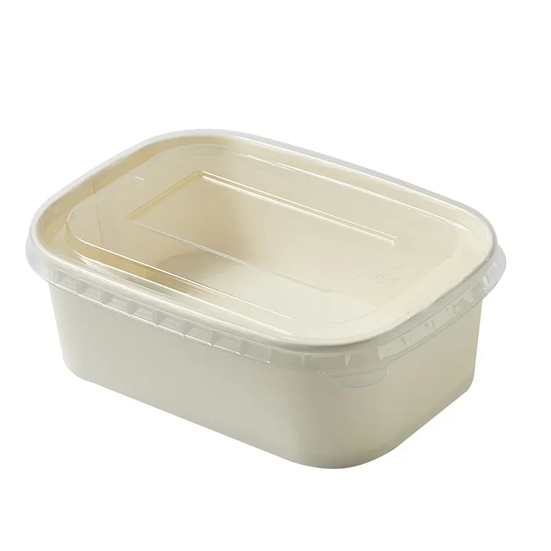 white brown rectangle paper bowl with lid