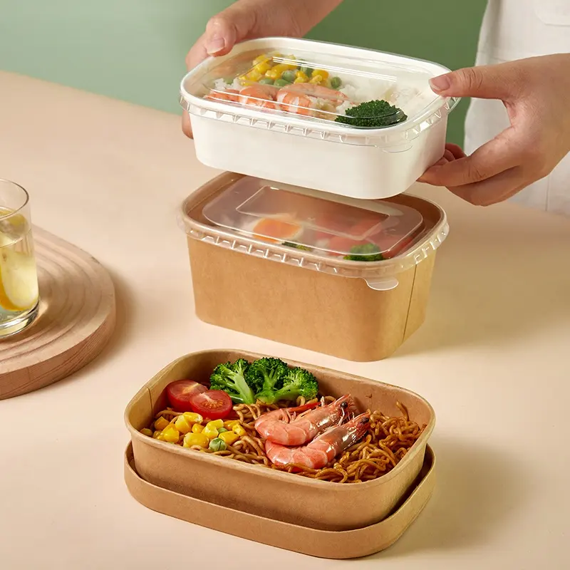 white brown rectangle paper bowl with lid