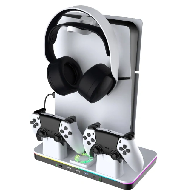 Cooling Stand with Dual Controller Fast Charger Charging Station for PS5/Slim Console Storage Charging Base RGB Charger Dock