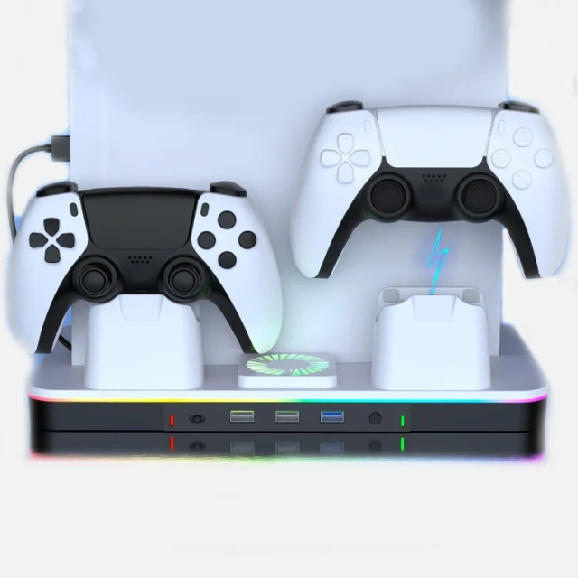 Cooling Stand with Dual Controller Fast Charger Charging Station for PS5/Slim Console Storage Charging Base RGB Charger Dock