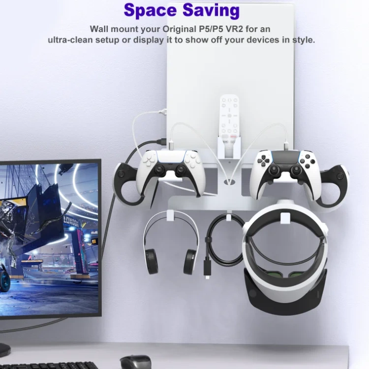Space Saving Wall Mount Stand Rack With Charging Cable Holder For PSVR2/PS5 Handle Stander Wall Storage Bracket
