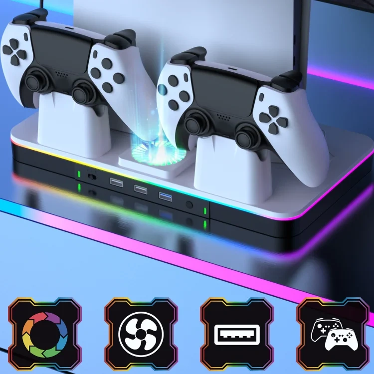 Cooling Stand with Dual Controller Fast Charger Charging Station for PS5/Slim Console Storage Charging Base RGB Charger Dock