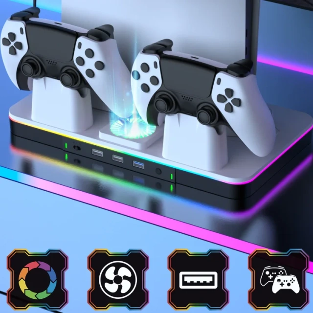 Cooling Stand with Dual Controller Fast Charger Charging Station for PS5/Slim Console Storage Charging Base RGB Charger Dock