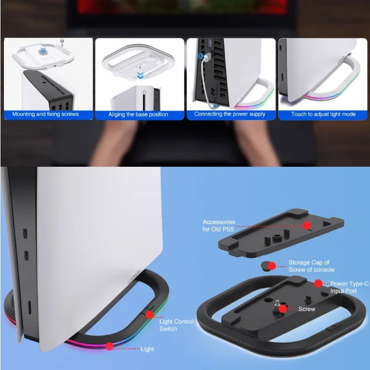 RGB PS5 Vertical Stand Mount Dock Holder Base For Playstation 5 Disc and Digital Edition PS5 Slim Console Bracket Storage Stand