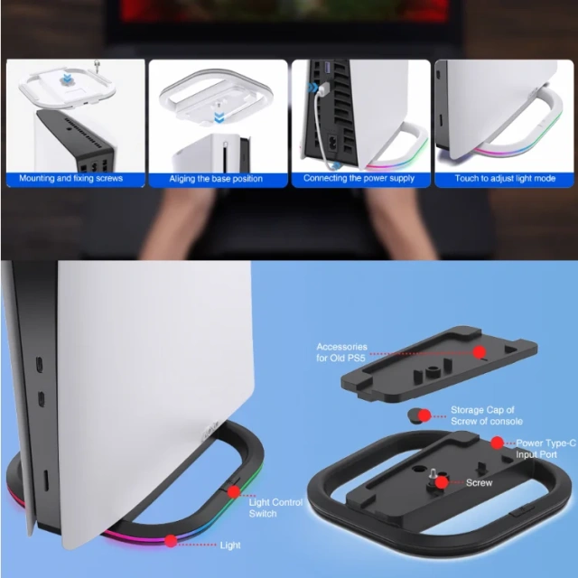 RGB PS5 Vertical Stand Mount Dock Holder Base For Playstation 5 Disc and Digital Edition PS5 Slim Console Bracket Storage Stand