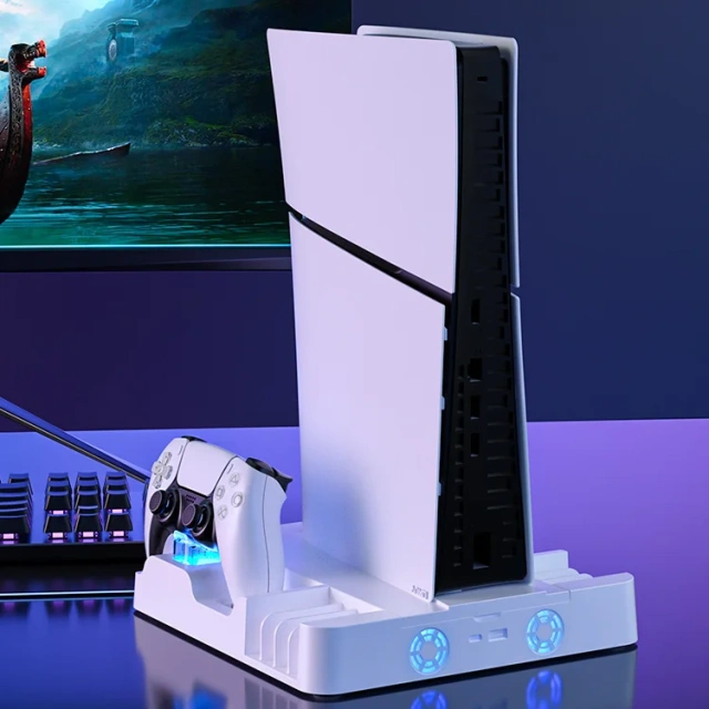 Vertical Cooling Stand Charging Dock & Game Storage Holder Rack for PS5/PS5 Slim Console Controller Charging Station