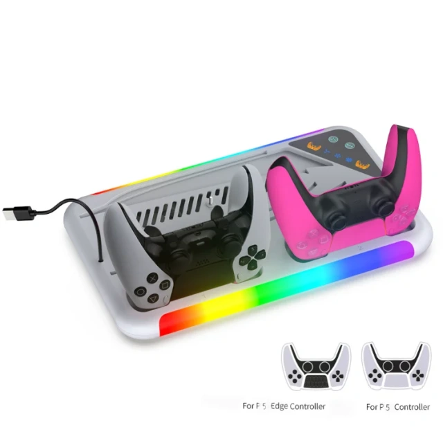 RGB Charging Station Cooling Stand for PS5/PS5 Slim Console Controller Charger Charging Dock with Headphone Holder