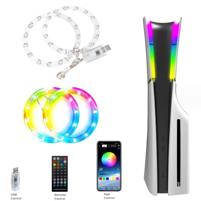 For PS5 Slim Console Light RGB LED Strip Light Flexible Bar Decals with Remote Control for Play station 5 Slim