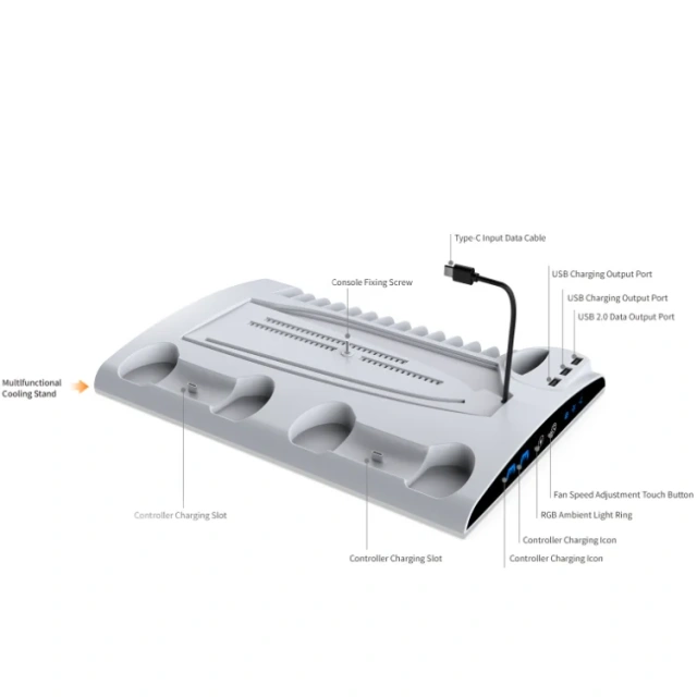 Multifunctional Charging Stand Cooling Base for PS5/PS5 Slim Console Storage Stand Dual Controller Charger with Headphone Hook
