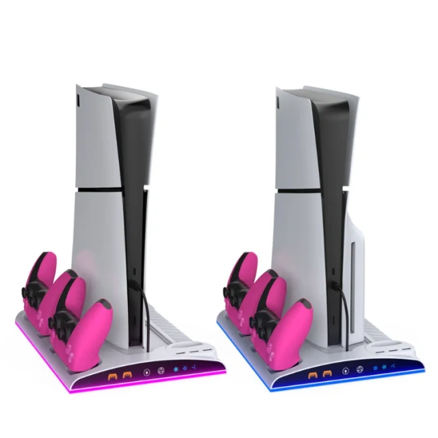Multifunctional Charging Stand Cooling Base for PS5/PS5 Slim Console Storage Stand Dual Controller Charger with Headphone Hook