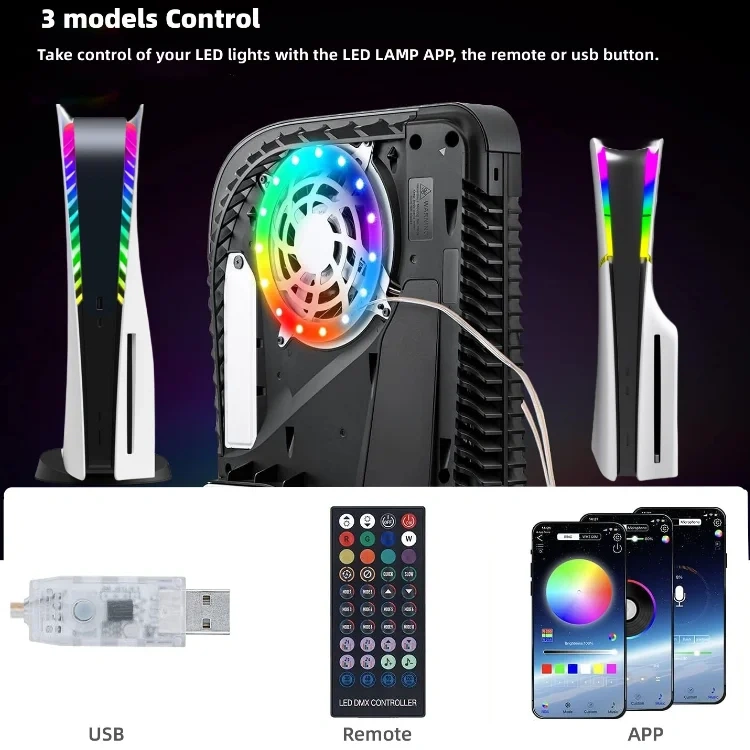 For PS5 Slim Console Light RGB LED Strip Light Flexible Bar Decals with Remote Control for Play station 5 Slim