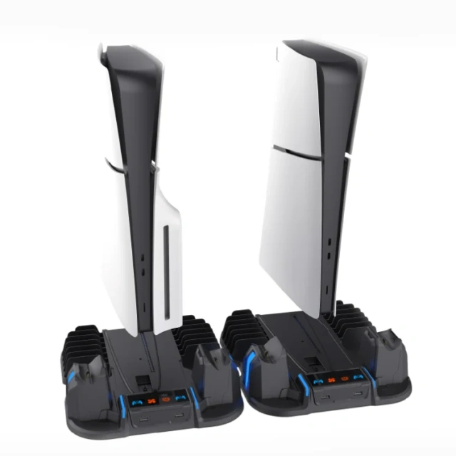 Multifunctional cooling charging dock with disc storage rack for PS5 slim console controller charging base