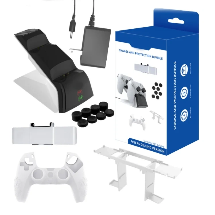 For PS5 12 in 1 Accessory Set Controller Charger Thumbstick Cover Silicone Cover Charging Stand Station Set