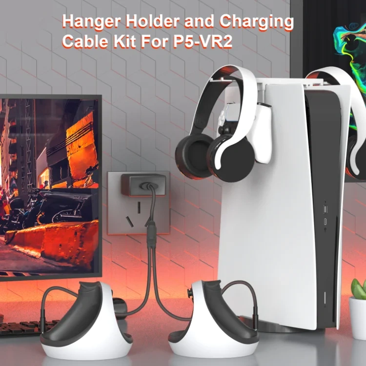 Controller Stand + 2 in 1 Charging Cable Set For PS5 PS VR2 Wireless Handle headphone Foldable Hanger Holder