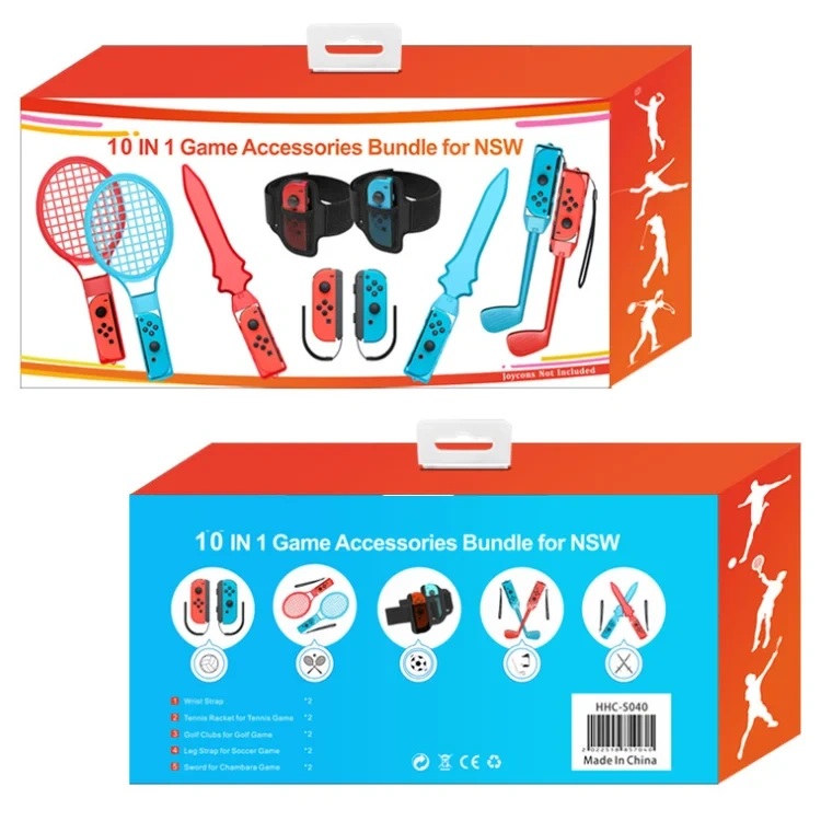 10 in 1 Sports Tennis Racket Golf Clubs Sword Grip for Nintendo Switch Games Accessories Bundle Leg Strap Set